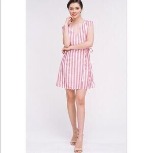 NWT Listicle Red & White Striped Wrap Dress Puff Cap Sleeves - Size Small